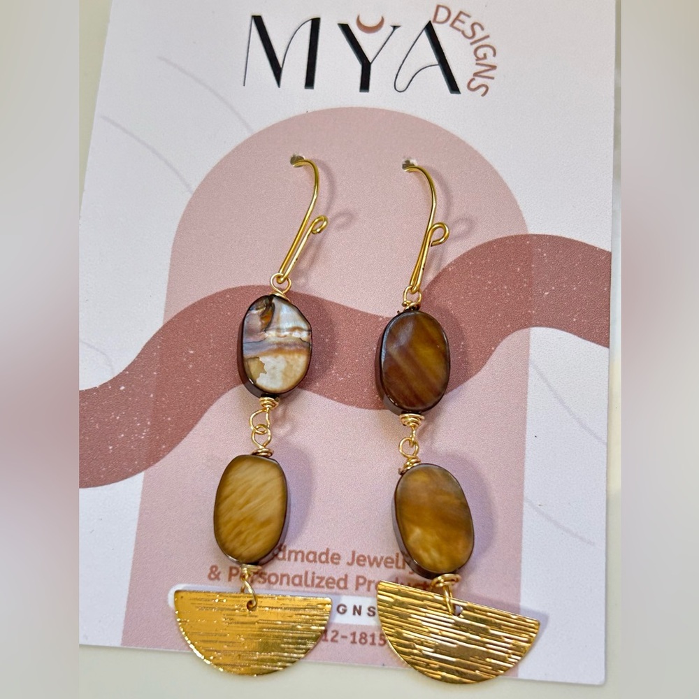 Elegant Brown Mother of Pearl & Gold Dangle Earrings